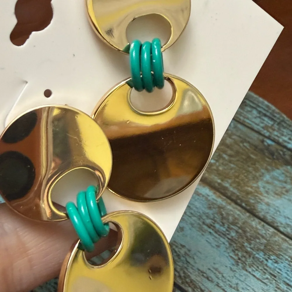 NWT On 34th Gold Double Disc Drop Earrings with Green Rings